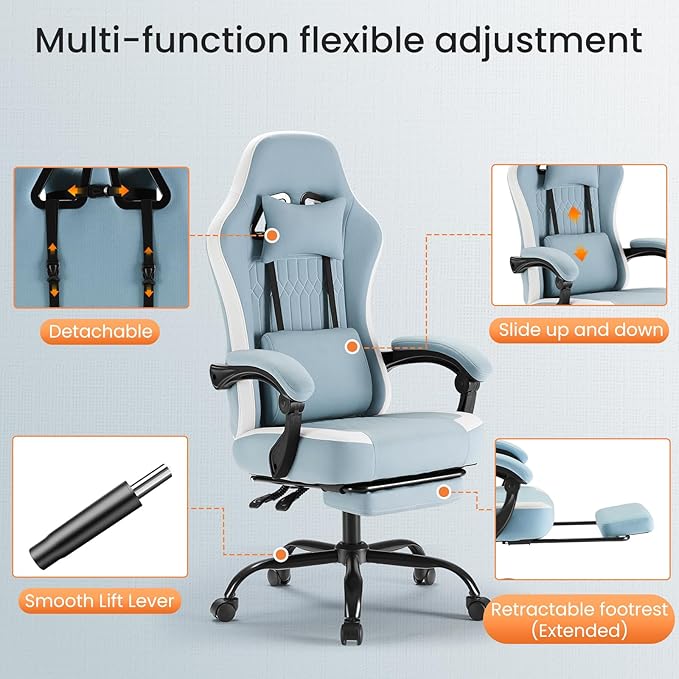 Sweetcrispy Video Game Chair - High Back Ergonomic Computer Desk Chair with Footrest & Lumbar Support, Height Adjustable Task Chair with Linkage Armrests and Headrest, 360° Swivel Wheels, Blue
