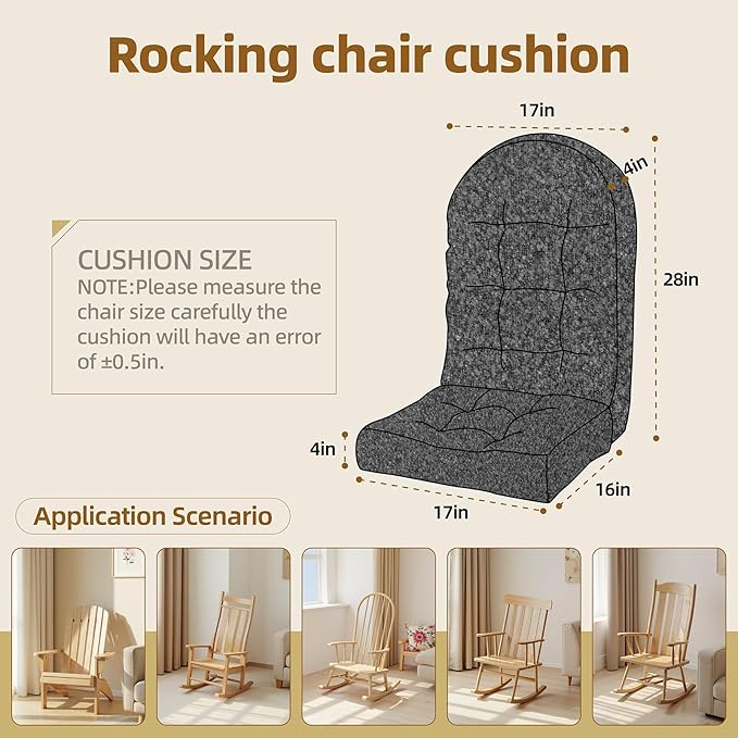 Rocking Chair Cushion - Lola Cotton-Linen Fabric, High-Density Sponge, Durable Comfort Non-Slip Bottom Tufted Seat Pads with Ties, Lola︱Charcoal Gray, 44x19x4 inch