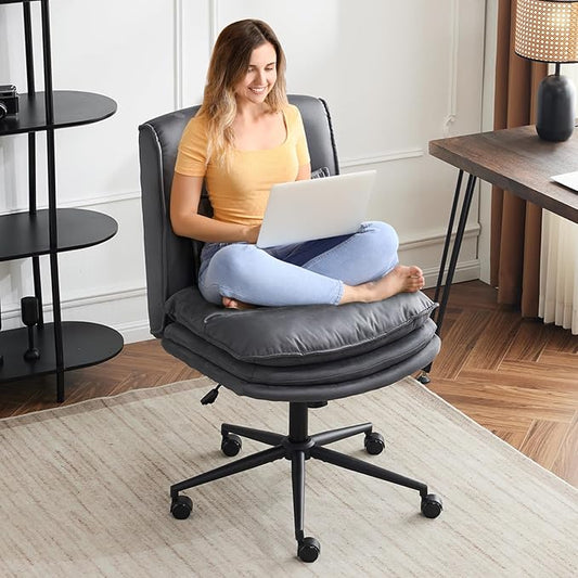 VINGLI Cloud Criss Cross Legged Chair,18" High Back Armless Home Office Desk Chair with Wheels,Wide Adjustable Comfy Padded Seat Task Computer Chair,Modern Swivel Makeup Vanity Chair,Microfiber,Grey