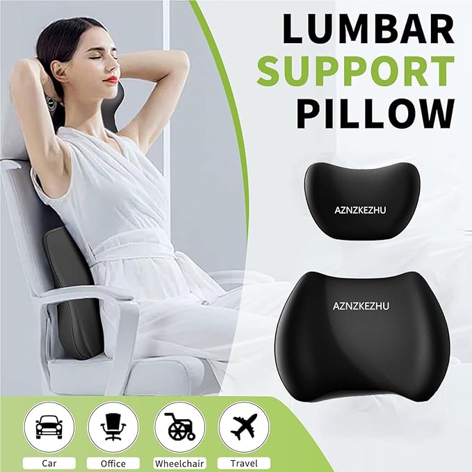 2025 Car Headrest & Lumbar Support Cushion, Car Lumbar Support Pillow and Neck Pillow Kit, Ergonomic Seat Headrest and Backseat for Neck Back Pain Relief (Black02)