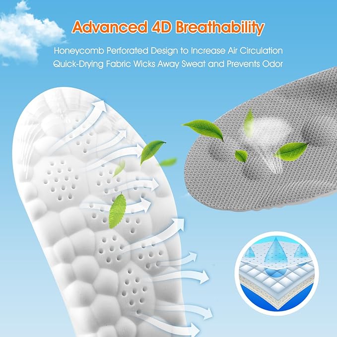 4D Cloud-Like Comfort Soles for Men - Soft Memory Foam Cushioning Insoles - Trim to Fit Steppers Insoles with Arch Support for Foot Pain Relief and Fatigue Reduction (Gray, US M 8-11.5)