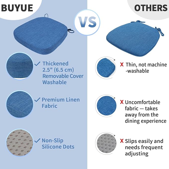 BUYUE Thickened 2.5" Dining Chair Cushions Set of 6, U-Shape High Density Foam Comfortable Chair Pads for Kitchen, Slip Resistant Indoor Seat Cushions (6 PCS, Dark Blue)