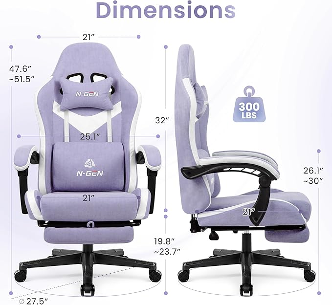 N-GEN GAMING Video Gaming Chair with Footrest Lumbar Support for Home Office High Back Recliner Height Adjustable Ergonomic Comfy Fabric Computer Desk Chair (Purple)