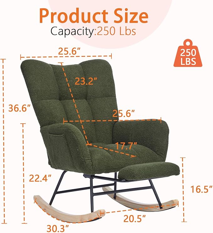 Rocking Chair Nursery with Foot Rest,Upholstered Glider Chair with High Backrest, Rocker Accent Armchair with Solid Wood Legs for Nursery Bedroom Living Room（Dark Green）