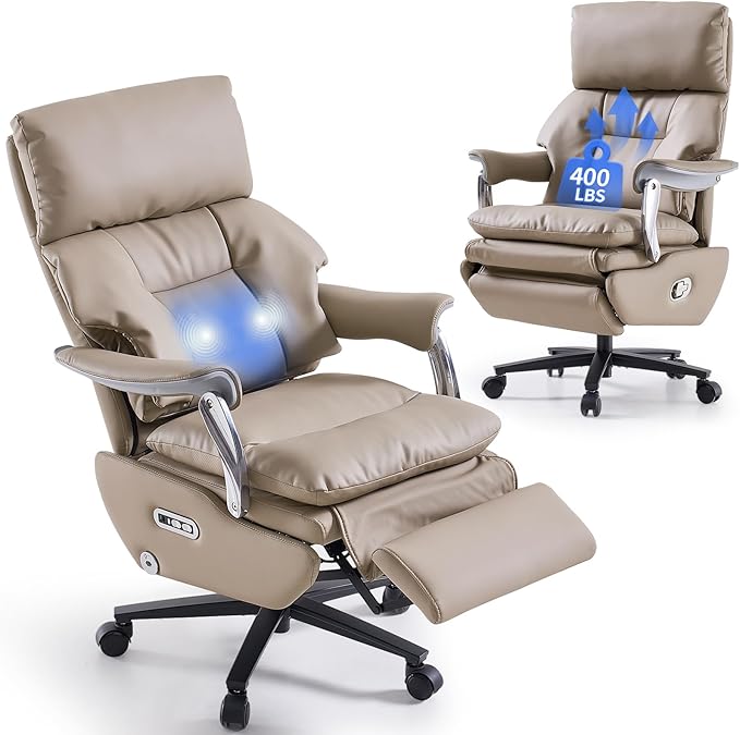 EMIAH Ergonomic Office Chair with Foot Rest Electric Executive Office Chair Reclining with Massage Big and Tall High Back Computer Chair with Wheels, Sustainable Leather（Light Khaki）