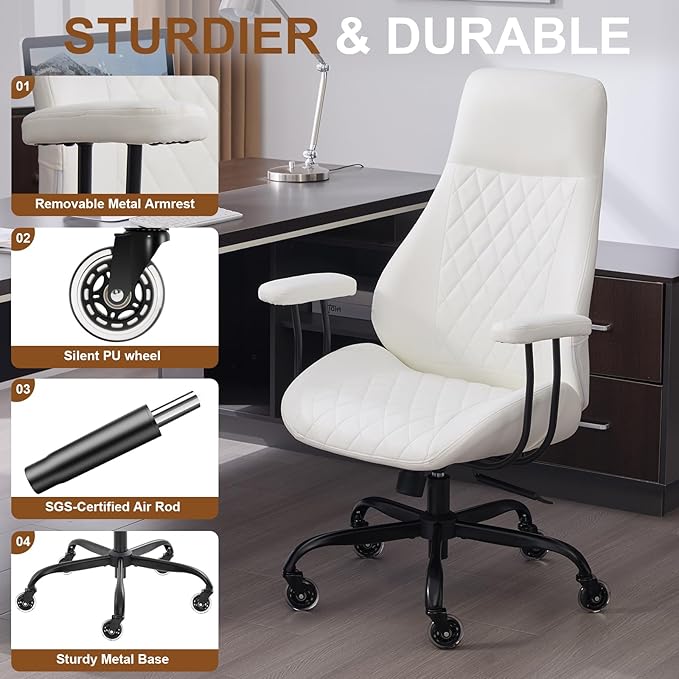 E-Motie Office Chair with Rubber Wheels, Ergonomic Computer Chair 500 lbs, Leather Desk Chair with Lumbar Support, Executive Chair Adjustable Height & Recline, White