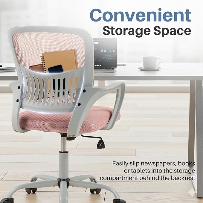 DUMOS Home Office Computer Chair - Ergonomic Mid Back Desk with Lumbar Support and Rocking Mode, Height Adjustable with Fixed Armrest, for Conference Meeting Room, 360° Swivel, Adults, Pink