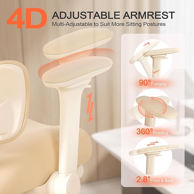 Ergonomic Office Chair with 4D Flip-Up Arms & Footrest, Mesh Desk Gaming Chair with 3D Headrest & 2D Floating Wing Lumbar Support, High Back Computer Chair for Home Office Vanity, Beige