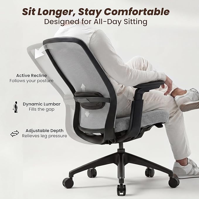 COLAMY Aether Executive Office Chair for Long Hours, One-Touch Easy Adjust Managerial Desk Chair with Levitating Seat Cushion & Pilot-Level Sync Armrests, 300 LBS Mid Back Mesh Computer Chair,Grey