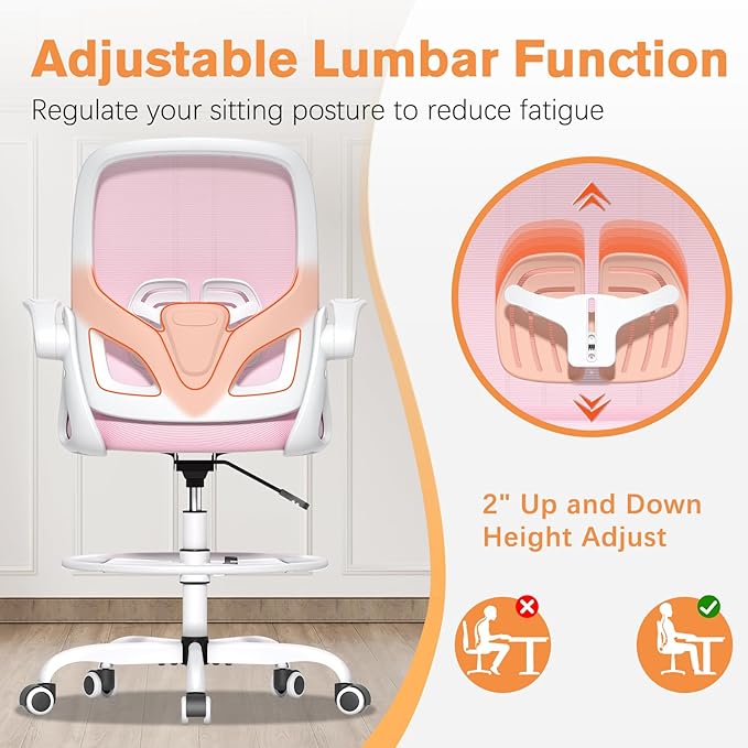 ORRSAKER Drafting Chair Tall Office Chair for Standing Desk, Breathable Mesh Ergonomic Computer Desk Chair with Flip-Up Armrests, Adjustable Lumbar Support and Footrest Ring,300 LBS，Pink