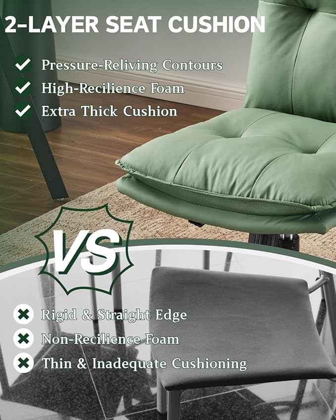 Karl home Faux Leather Office Chair with Removable Armrests, Adjustable Height & 360° Swivel, Tufted Thick Cushion Computer Desk Chair with Lumbar Support for Living Room, Vanity, Green