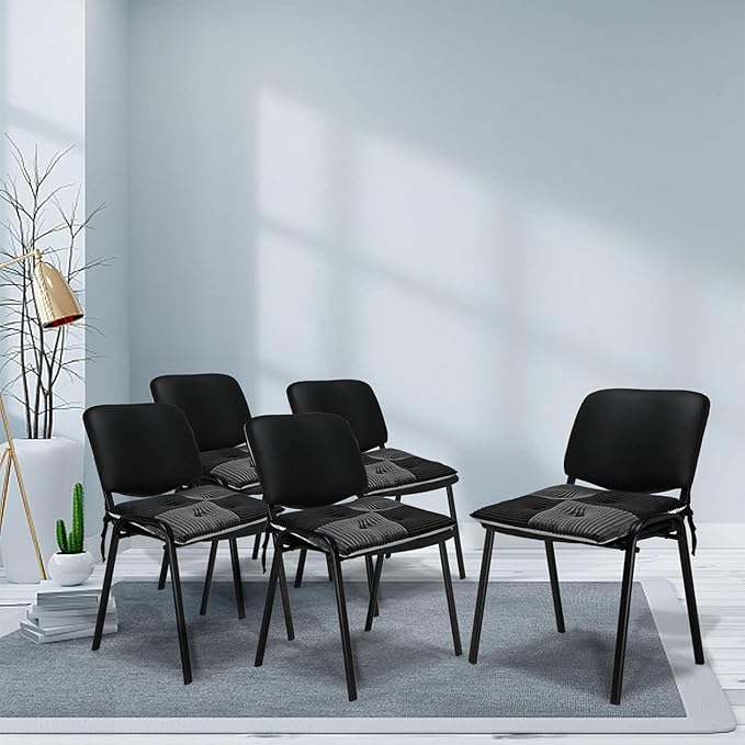 Office Stacking Chair Cushions 4 Pack, Corduroy High Density Foam Kitchen Seat Cushions with Ties, Square 17" x 17" Indoor Non-Slip Dining Chair Pads, Black+ Grey，4pcs