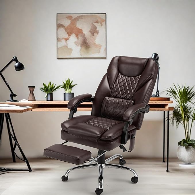 HOMREST 6-Point Massage Office Chair,Heated Executive Ergonomic Home Office Desk Chair with Foot Rest Retractable Height Adjustable Armrest & Lumbar Support PU Leather Brown