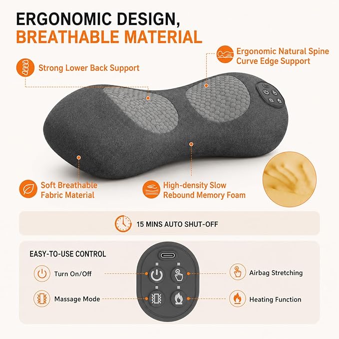 Cordless Lumbar Support Pillow for Pain Relief Deep Tissue, 3-in-1 Heated Lower Back Massager Pillow with 3000mAh Battery, Heat, Massage, Electric Stretch, Back Support Pillow for Office Chair Car