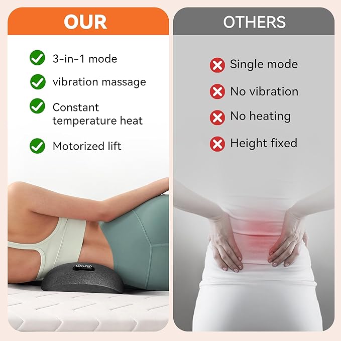 3in 1 Smooth Spine Triple Fusion Back Massager Electric Lumbar Support Pillow withHeat, Vibration & Adjustable Traction -Memory Foam Back Massager for Lower BackPain Relief