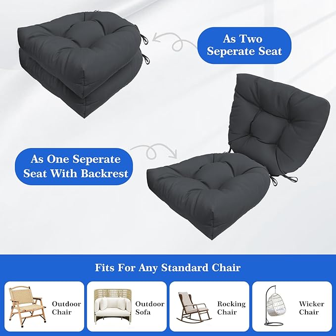 Wolfbird Outdoor Chair Cushions Set of 2 Waterproof Patio Furniture Cushions with Ties 19x19+5” Thicken Outdoor Seat Cushions Indoor/Outdoor Dining Chairs Pads FadeShield Rocking Chair Cushion, Grey