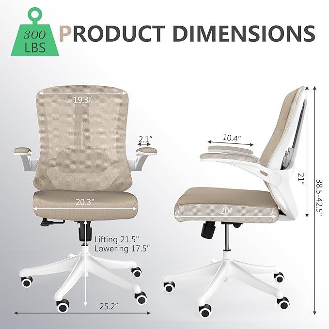 350 LBS Ergonomic Office Computer Mesh Chair - Adjustable Height Rolling Desk Chair with Flip-Up Armrests & High Back Support - Comfortable Swivel Task Chair for Home Office (02KHAKI)
