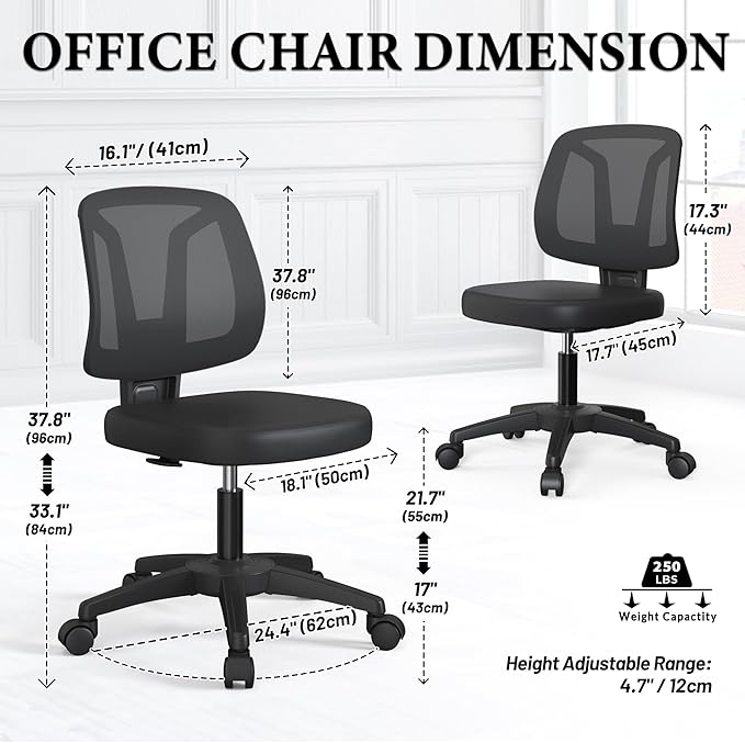 Armless Swivel Small Task Desk Office Chair Without Arms Height Adjustable with Rolling Wheels for Small Spaces Adult and Child