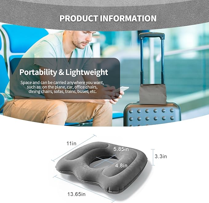 Inflatable Donut Seat Cushion for Tailbone Pain Relief – Coccyx Pillow for Office Chair, Car, Wheelchair & Post Surgery Comfort – Ergonomic Orthopedic Support Pillow for Home & Travel