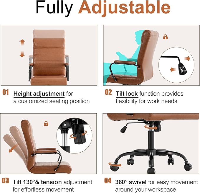 Office Desk Chair,Modern Leather Conference Room Chairs,High Back Home ofiice Chair,Adjustable Height Swivel Executive Computer Chair with Armrest and Padded Seat (Brown with Black Frame)