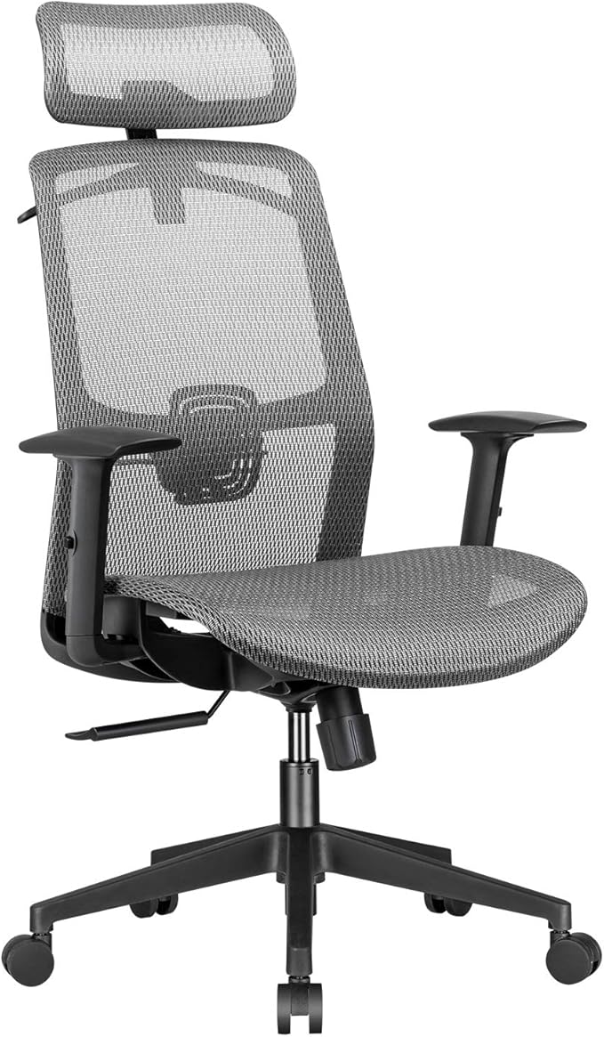 Furmax Ergonomic Office Chair Executive Chair with Mesh Seat High Back Computer Desk Chair with Adjustable Headrest Lumbar Support Armrest Rolling Task Chair with Clothes Hanger (Gray)