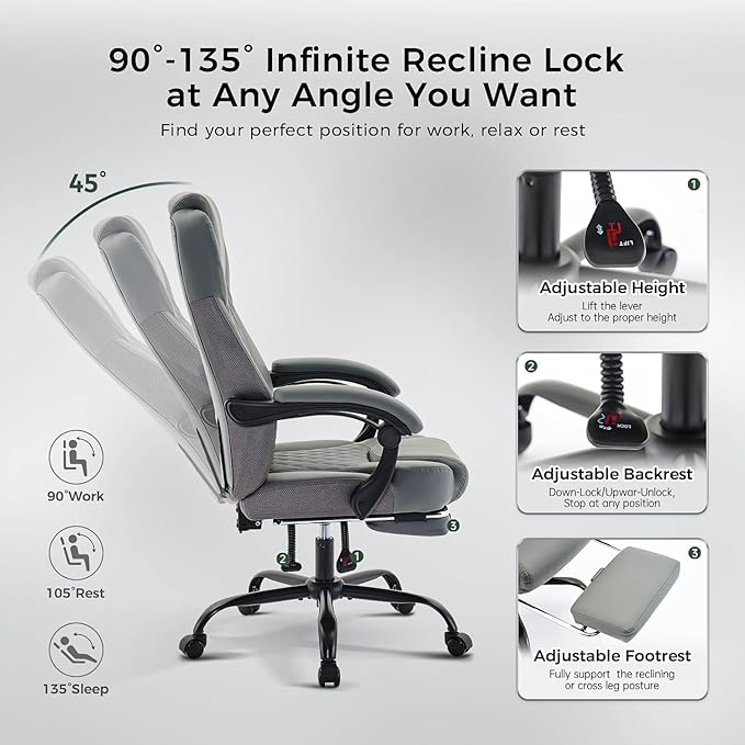 amseatec Office Chair, Big and Tall Office Chair with Foot Rest Ergonomic Chair Home Office Desk Chairs Reclining High Back Leather Chair with Lumbar Support(Gray)