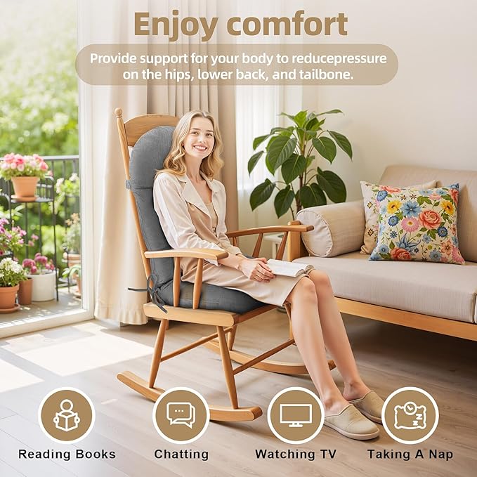 Rocking Chair Cushion - Plaid Corduroy Fabric, High-Density Sponge, Durable Comfort Non-Slip Bottom Tufted Seat Pads with Ties, Plaid Corduroy︱Grey, 44x19x4 inch