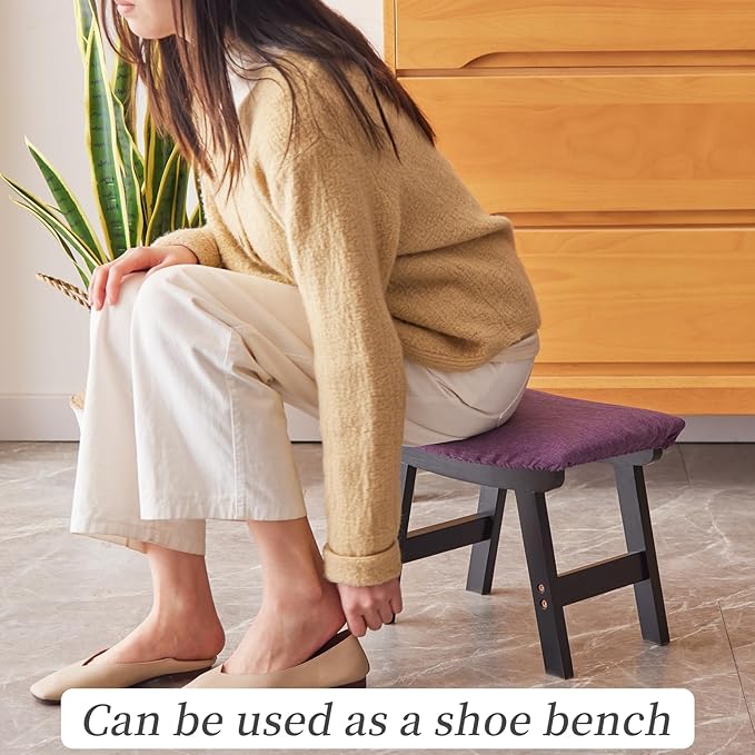 Kitsanery Foot Stool,Ottoman,Bamboo Small Sofa Foot Rest Under Desk,Extra Seating for Living Room, Bedroom and Kitchen (Black Stool Legs - Purple Surface)