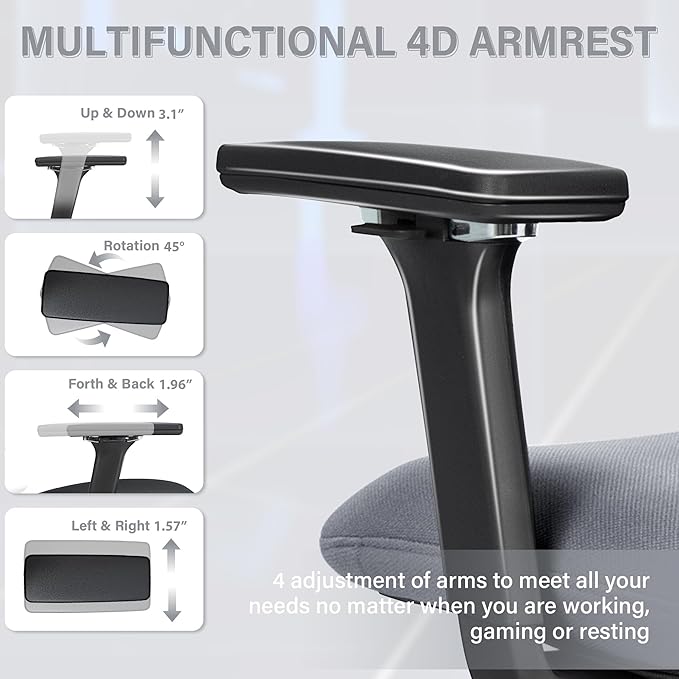 Ergonomic Office Chair with Footrest, High Back Computer Office Chair with Dynamic Lumbar Support, 2D Headrest, 4D Armrest, Sponge Seat, Mesh Home Office Desk Chair for Adults, Dark Grey