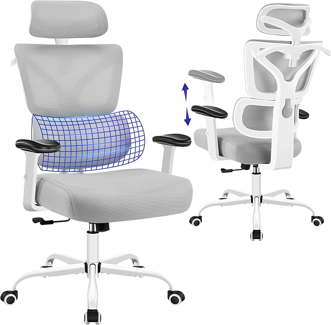 Ergonomic Office Chair, High Back Mesh Computer Chair with Comfortable Adaptive Lumbar Support, Built-in Coat Hanger, SGS Class 4 Gas Lift, Heavy Duty 300lbs for Long Hours Home Office