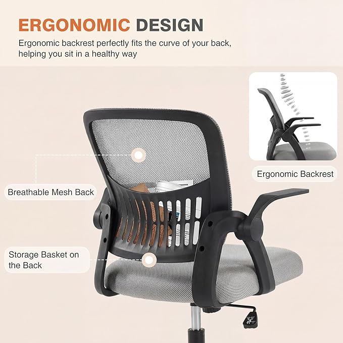 Sweetcrispy Home Office Managerial Executive Chair, Ergonomic Mesh Adjustable Swivel Mid-Back Computer Desk Chair with Comfortable Lumbar Support, Comfy Arms for Bedroom,Study,Blak&Grey