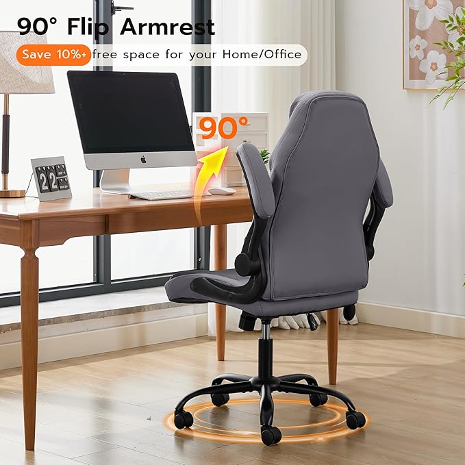 Ylzyxal Office Desk Chair, Ergonomic Computer Chair with Padded Flip-Up Arms and Adjustable Lumbar Support, PU Leather Executive Chair with Tilt Lock and 360° Swivel Rolling Wheels for Work, Study