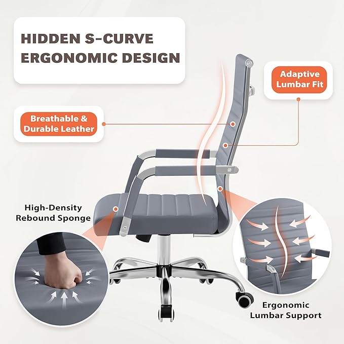 Furmax Ergonomic Office Desk Chair, Executive Ribbed Mid-Back PU Leather Conference Room Chair Adjustable Swivel Chair with Arms (2, Grey)
