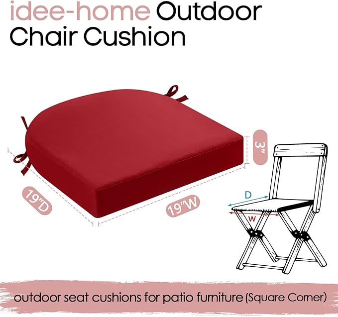 idee-home Outdoor Chair Cushions Set of 4, Thick 19" x 19" x 3" Outdoor Seat Cushions Patio Furniture Waterproof with Ties, Dining Pads