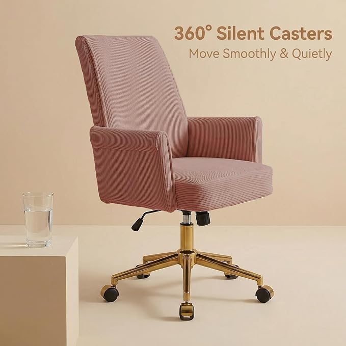 Striped Velvet Office Chair, 360° Swivel Ergonomic Task Chair with High Back, Gold Base and Wheels, Height Adjustable Modern Accent Chair for Home Office, Living Room, Study, Vanity (Dark Pink)