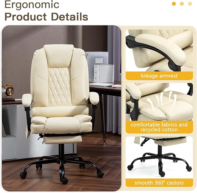 6-Point Heated Massage Office Chair with Footrest, Executive High Back PU Leather Computer Chair with Armrest & Reclining, Ergonomic Home Desk Chair with Lumbar Support, Beige