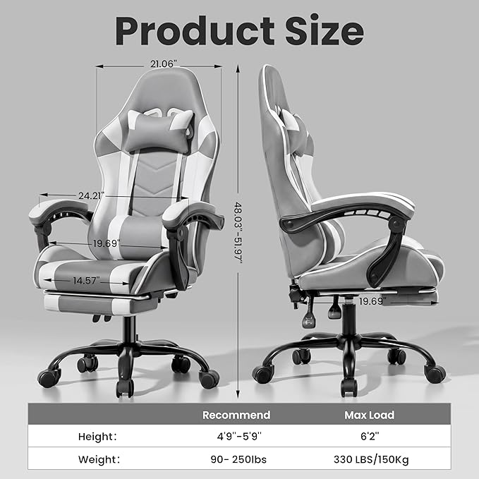 Gaming Chair, Ergonomic Computer Chair with Footrest and Lumbar Support, Height Adjustable Office Chair with 360° Swivel Seat and Headrest (White)