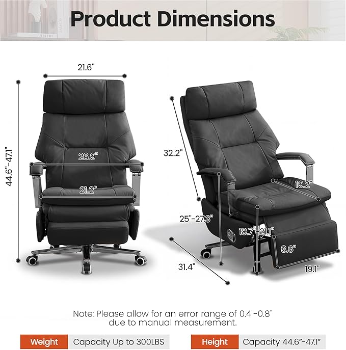 Big and Tall Executive Office Chairs with Footrest, Ergonomic 360° Swivel Desk Chair High Back Recliner, Manual 150° Reclining Computer Gaming Chair with Wheels for Home Office Faux Leather, Black