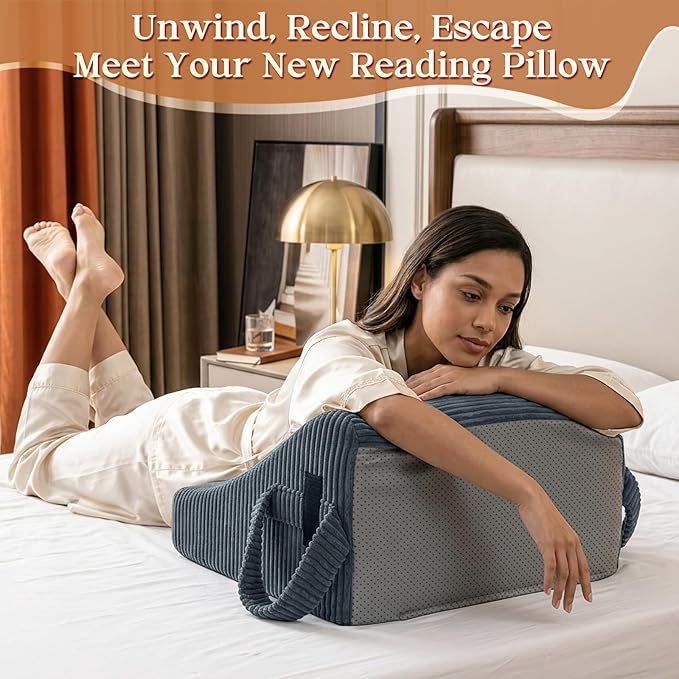 Reading Pillow/Backrest Pillow with Arms, Cup Holder & Phone Pocket - Bed Rest Pillow with Adjustable Headrest, Corduroy Fabric for Back Support in Bed/Sofa/Floor (Gray, 19 INCH)