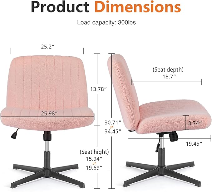 Sweetcrispy Criss Cross Chair Legged, Furry Armless Office Swivel Desk Chairs No Wheels, Vanity Height Adjustable Wide Seat Comfy Cute Computer Task Chair for Home Bedroom, Teddy Pink