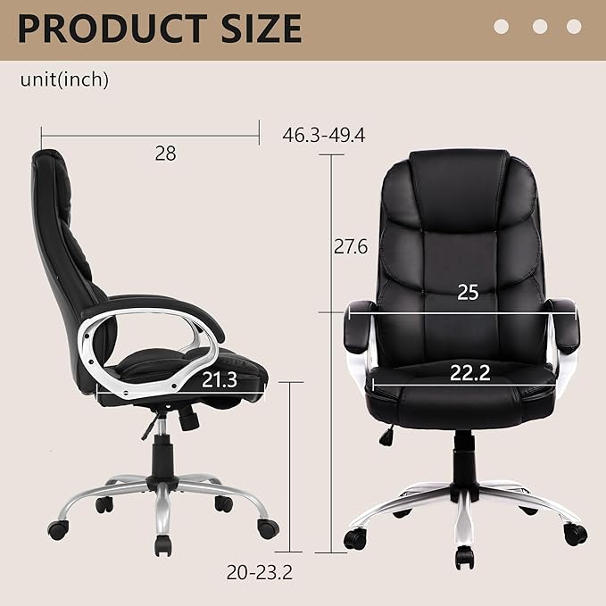 FDW Office Chair Computer High Back Adjustable Ergonomic Desk Chair Executive PU Leather Swivel Task Chair with Armrests Lumbar Support (Dark Black)
