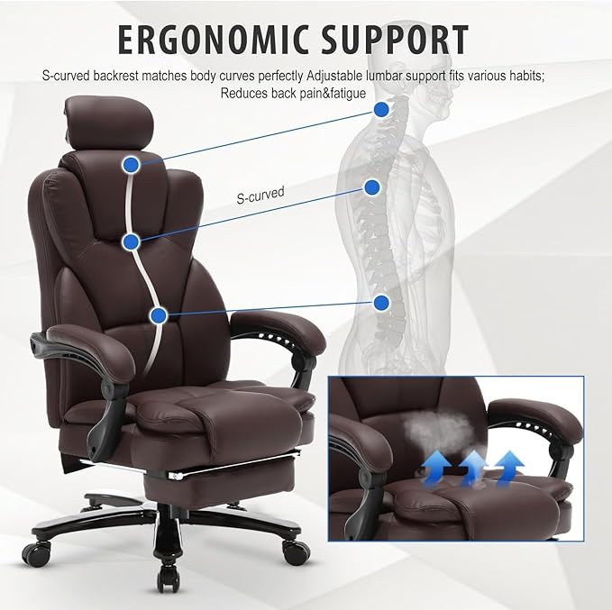 400lbs Reclining Office Chair with Footrest, PU Leather Big and Tall Heavy Duty Ergonomic Gaming Chair with Leg Rest, Brown