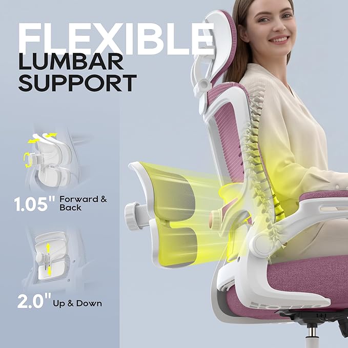 Office Chair, Ergonomic Mesh Desk Chair with Adjustable Lumbar Support and Headrest, Flip-up Armrests, High Back Computer Task Chair for Home and Executive Office (W-All Purple)