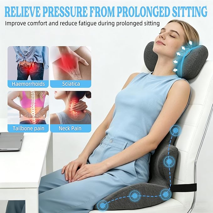 3-in-1 Memory Foam Seat Cushion & Headrest Pillow with Lumbar Support L-Shaped Ergonomic Driver Seat Cushions Design for Sciatica and Tailbone Pain Relief Comfort for Car, Truck,Office,Chair