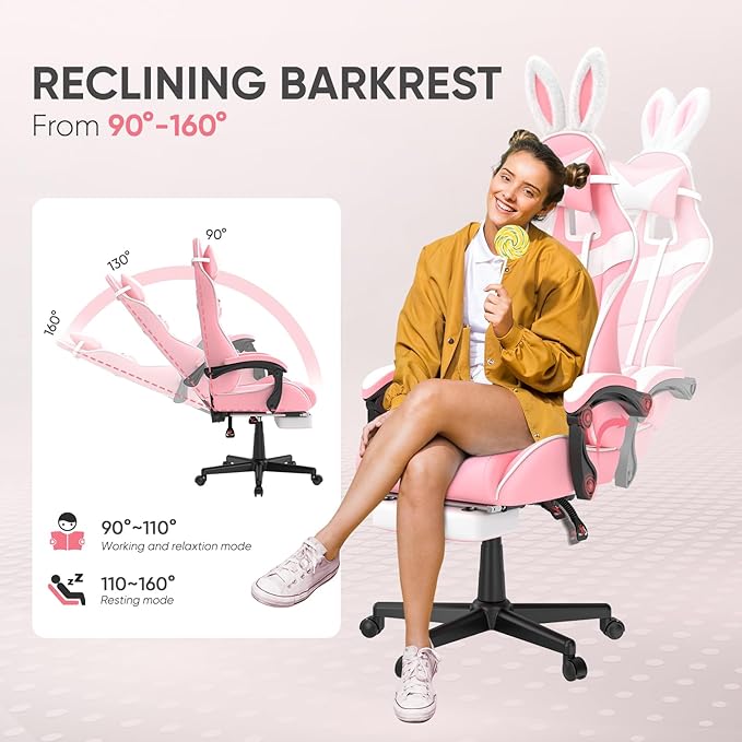 Soontrans Pink Gaming Chairs with Bunny Ears, Footrest,Ergonomic Home Office Desk Pink Chair,Lovely PC Computer Game Chair with Headrest and Lumbar Support Gamer Chair for Girls