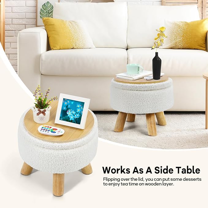 OGEMXU Ottoman Foot Rest, Small Round Ottoman with Storage, Boucle Teddy Velvet Footstool with Wood Legs, Soft Sponge Storage Ottoman for Living Room, Bedroom, Couch, Enterway (Cream)