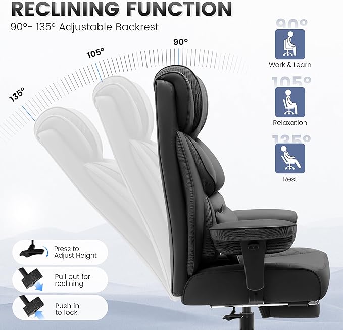 BestGlory Office Desk Chair, Big and Tall Leather Gaming Chair with Footrest, Wide Ergonomic Comfy Executive High-Back Reclining Computer Chairs, Swivel Rolling Wheels and Padded Lumbar Support, Black