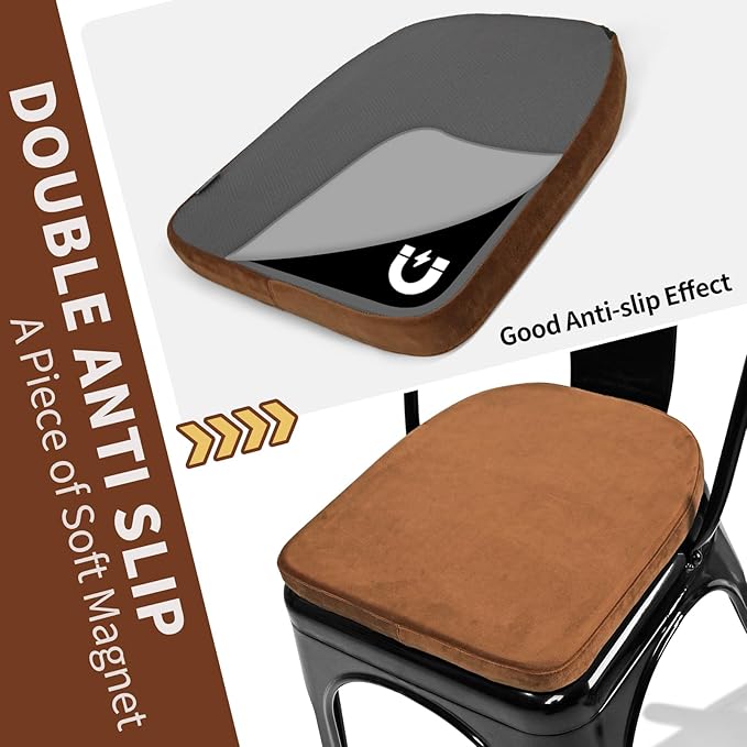 SINOSSO Kitchen Magnetic Metal Chair Cushions Set of 4, 14" Luxury Velvet Memory Foam Seat Pads for Cafe Stackable Chair (U-Shape, Brown, 4)