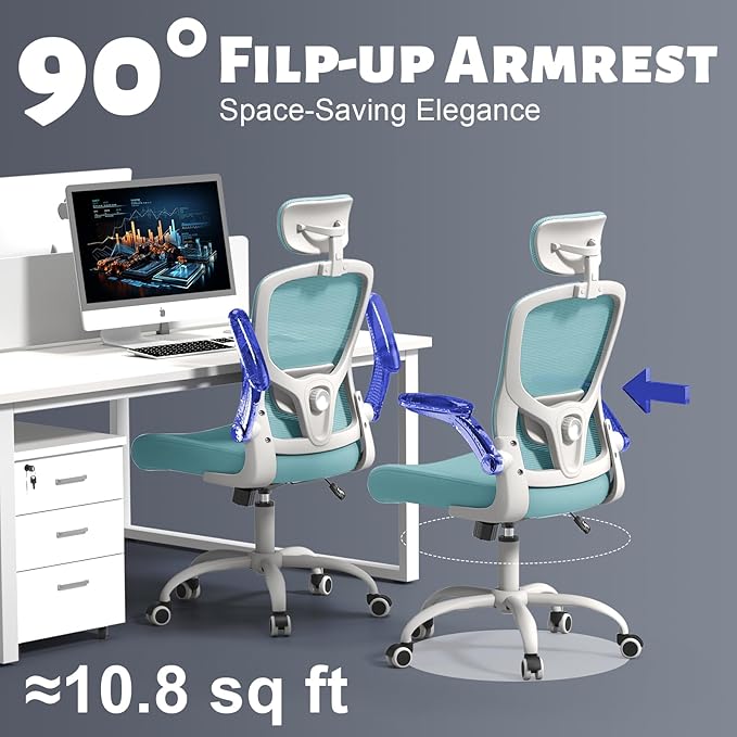 Office Computer Desk Chair - Lumbar Support and Headrest, Ergonomic Mesh Back Swivel Task Chair,Flip-Up Arms for Desk Work, 90-120° Tilt Rolling Chair for Home Office(White-Blue6076)