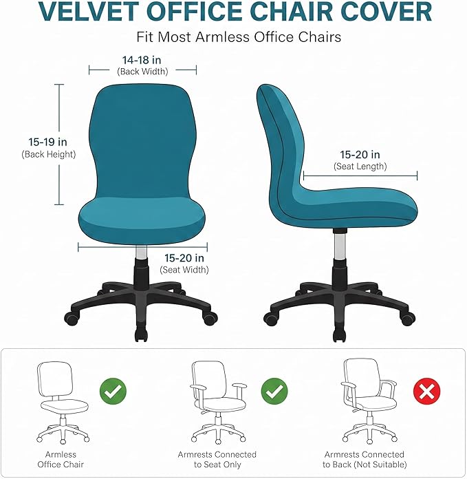 Deisy Dee Velvet Stretch Armless Office Chair Covers - Colorful Stretch Slipcover for Desk Chairs (Turqouise)
